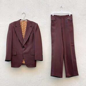 Vintage 70s Men's Hand Tailored Dark Brown Gabardine 2 Piece Suit 38S x 29W